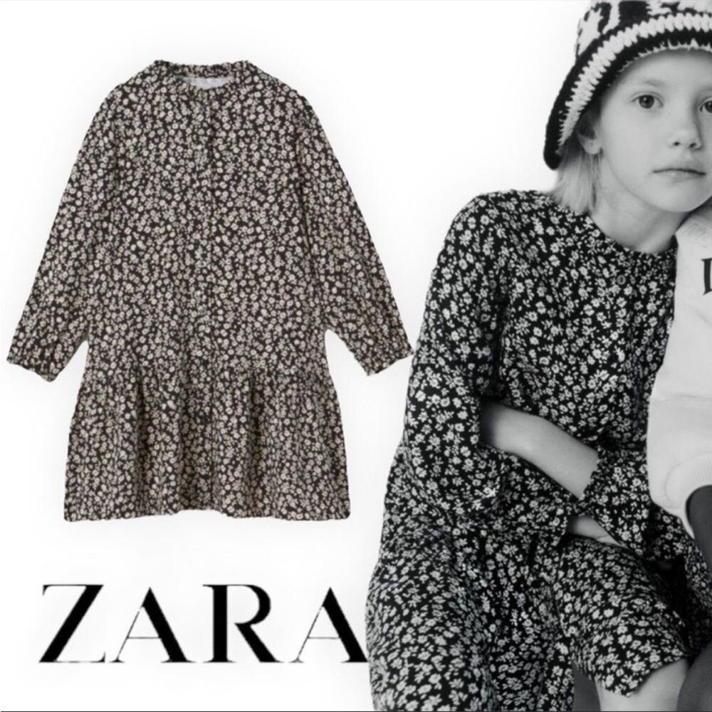 Zara Girls Black Ecru Floral Tiered Button Front Long Sleeve Dress Size 10